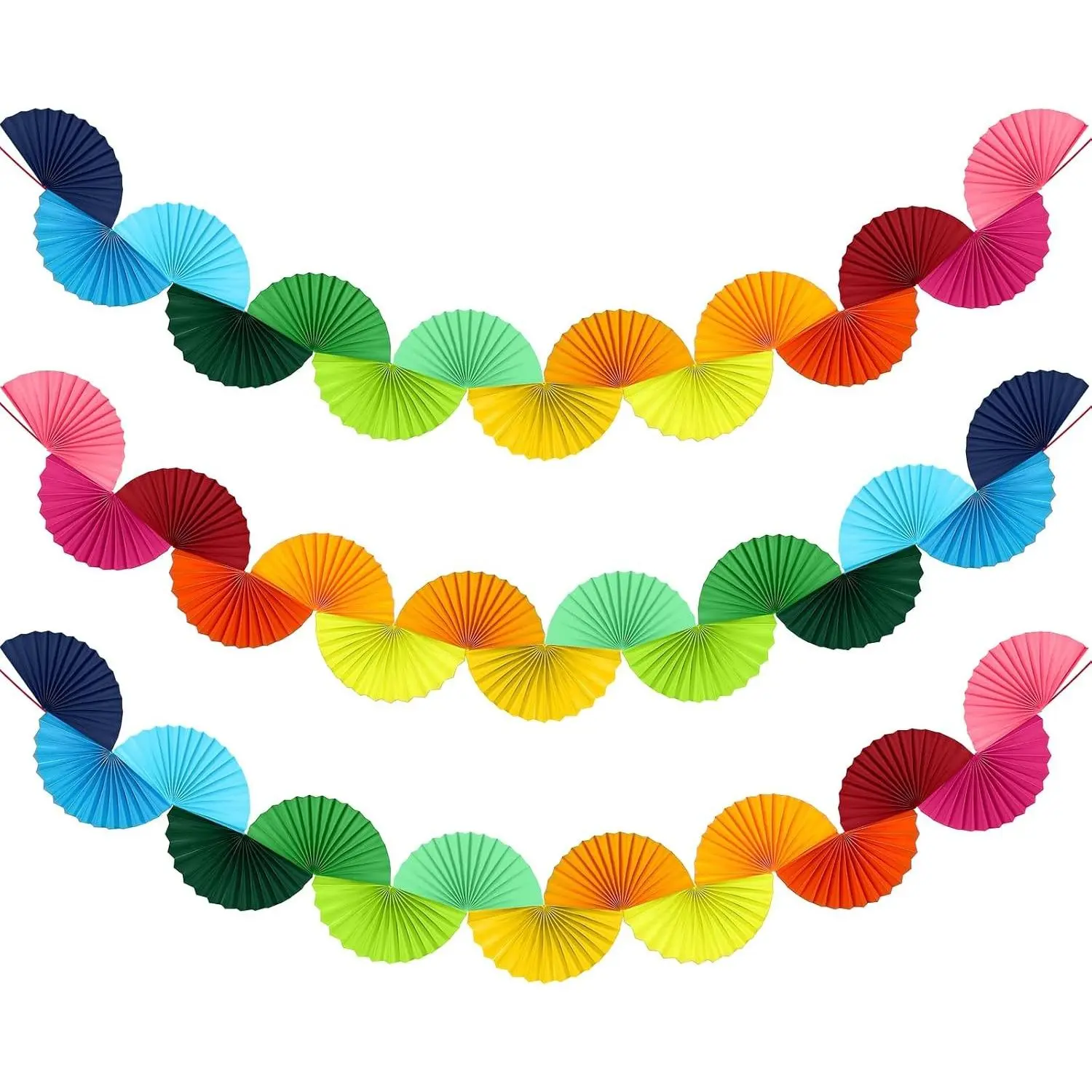 3 Pack Rainbow Paper Fan Garland 15.6ft Hanging Decor | 3D Paper Fans Chains for Birthday Wedding Celebrations, Background Ceiling Hanging Decorations, Bachelorette Party Supplies