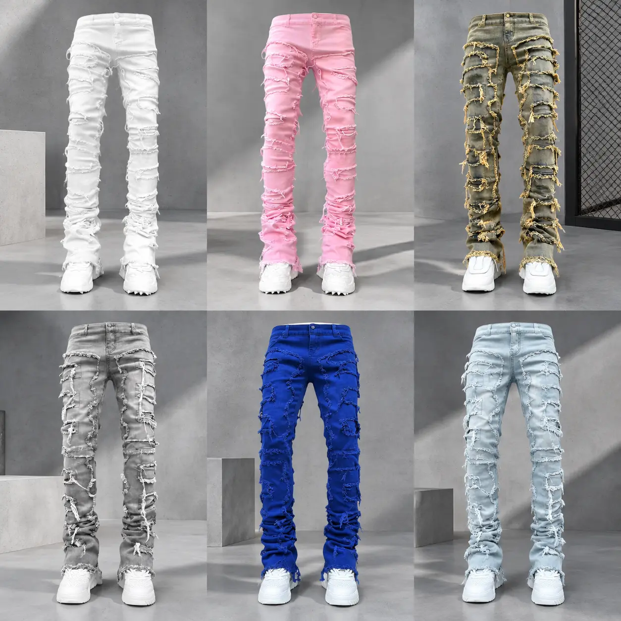 Men Streetwear Hip Hop Stacked Spliced Slim Straight Jeans Pants Male Stylish Motorcycle Biker Denim Trousers, High Cotton Content Distressed Ripped Detail, Elastic Stretch Fabric, Casual Skinny Fit Denim Pants for Urban Outfits