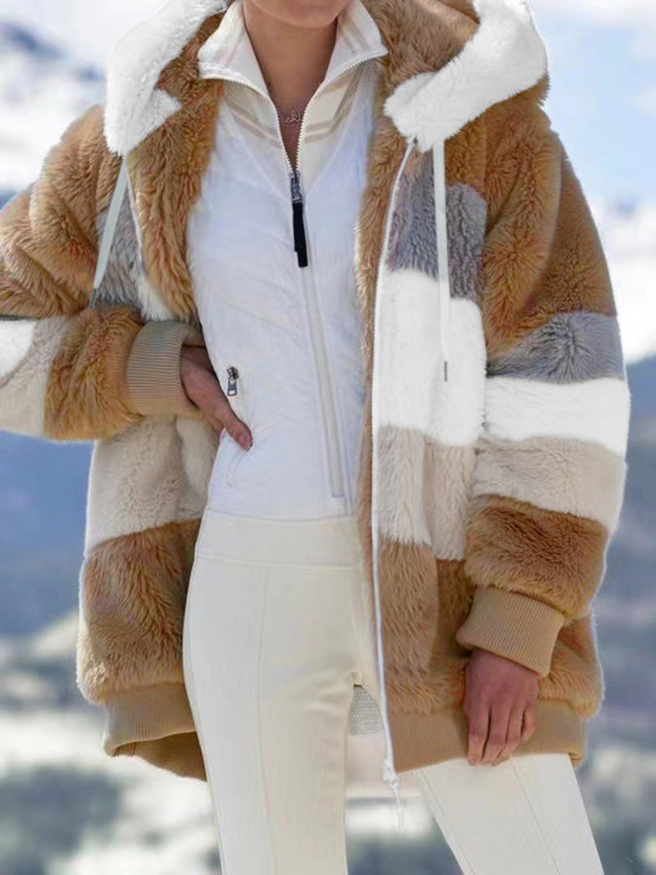 Women's Colorblock Drop Shoulder Hooded Polar Fleece Coat, Fashion Casual Long Sleeve Zip Up Warm Trendy Outerwear For Daily Outdoor Wear, Women's Clothing, Jackets