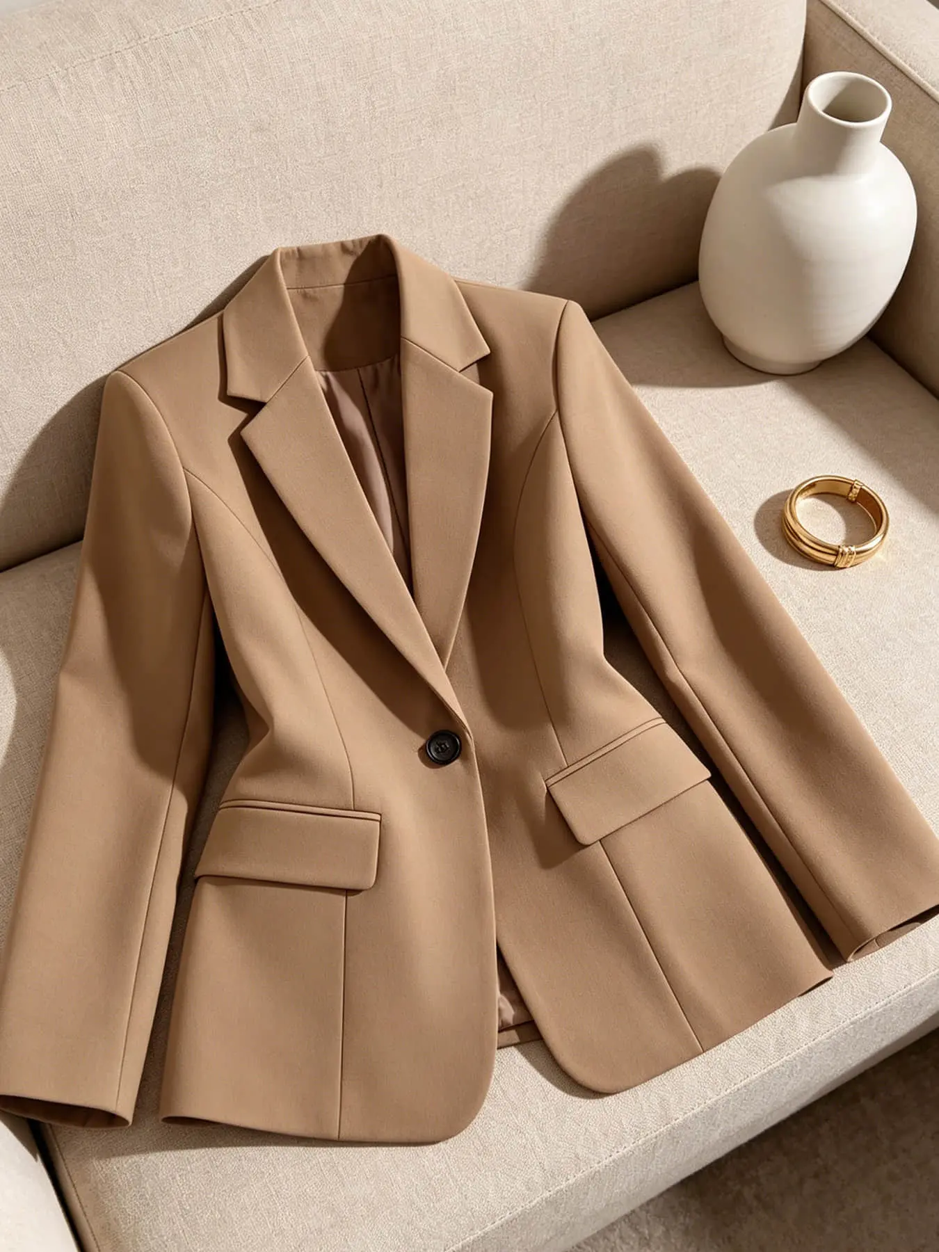 A women's minimalist commuting style camel colored suit jacket, Versatile blazer, with a button closure, slim fitting and versatile, suitable for spring and autumn, interviews, parties, dates, and anniversaries
