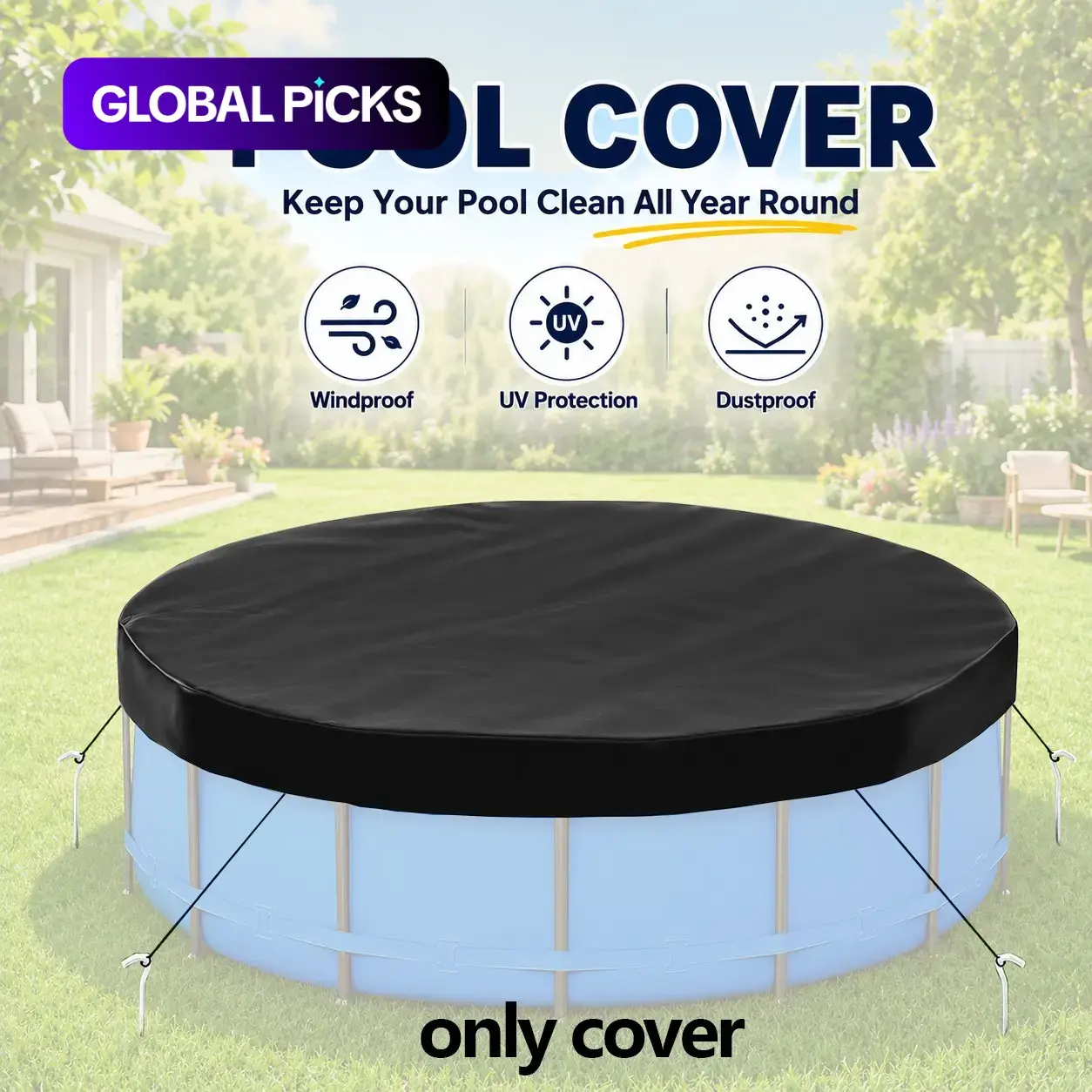 Round Above Ground Pool Cover, UV-Resistant Solar Heat Tarp, With Tie Ropes and Ground Stakes, Durable Heat Protection for Outdoor Swimming Pools