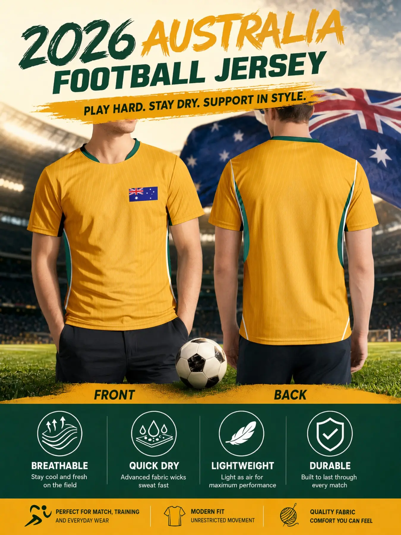 2026 Australia Soccer Jersey, Gold Vertical Stripes, Quick-Dry, Breathable Mesh, Slim Fit, All-Season Sportswear for Fans