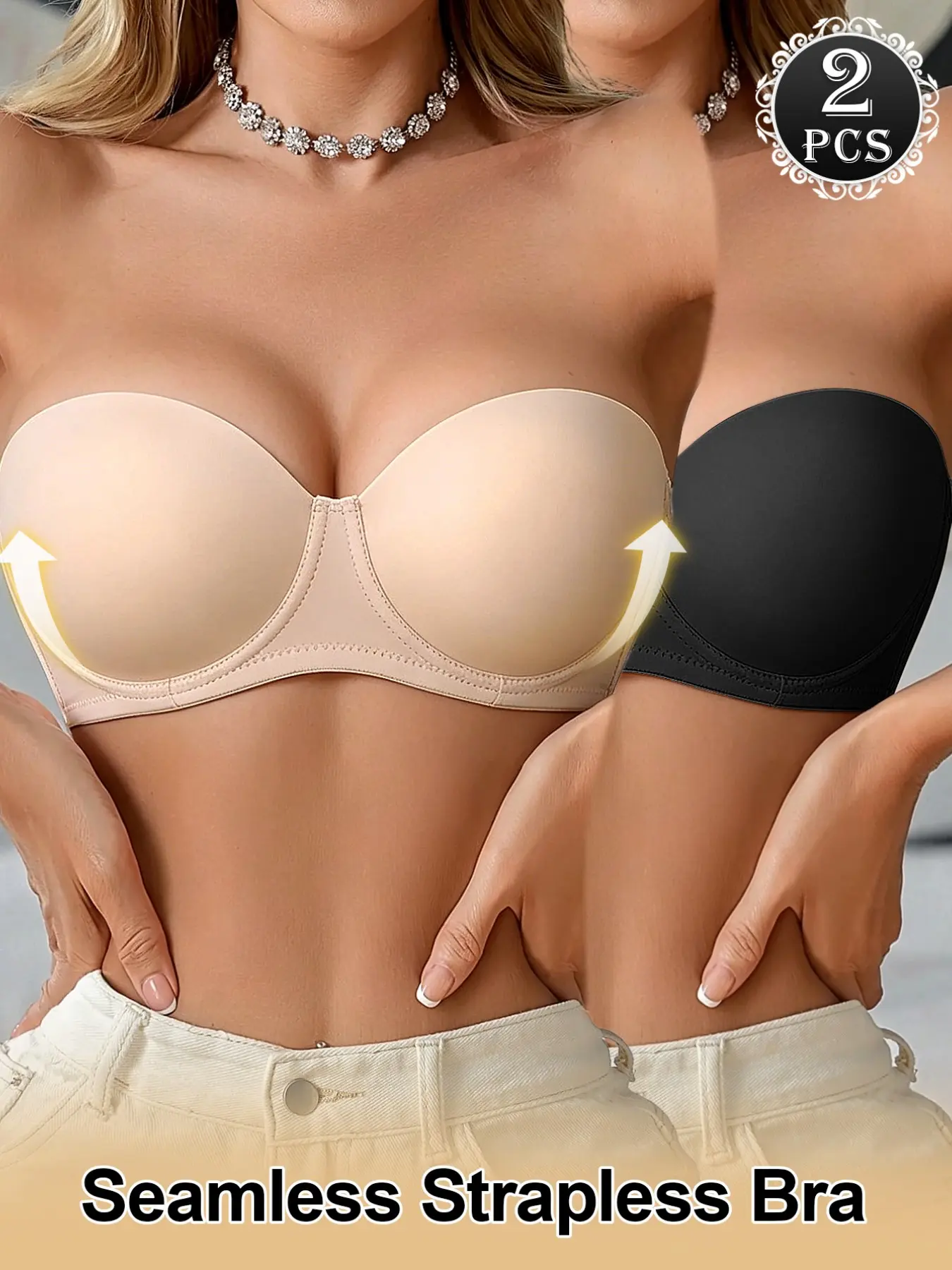 2-Pack Seamless Smooth Shoulderless Bras for Small Chest, Push-Up Bra with Underwire, Comfortable and Breathable, Ideal for Dresses and Dates