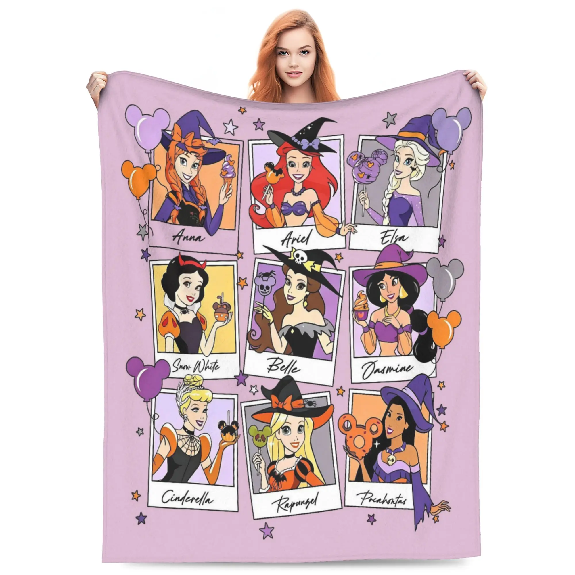 DISNEY CLASSIC Halloween Princess Witch Flannel Throw Blanket, Elsa Ariel Belle Cinderella Polaroid Print Blanket, Soft Lightweight Cartoon Blanket for Sofa Bedroom Halloween Home Decor