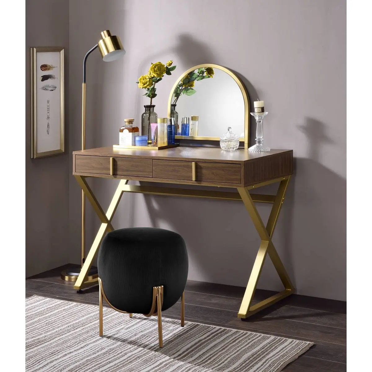 Aobtkel、Coleen Walnut & Gold Finish Vanity Desk W/Mirror & Jewelry Tray On-Site glass top rgb affordable makeup large floor cabinet stylish vowner White LED Lighted Table color light space-saving dressing