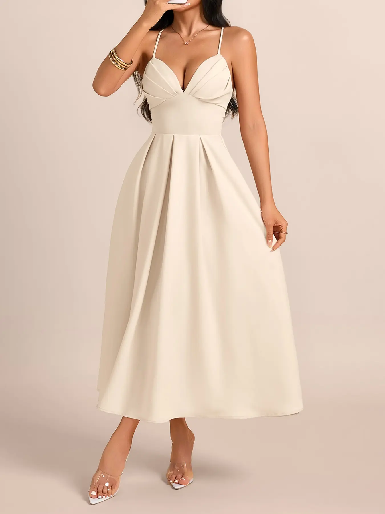 Solid Color Women Midi Dress, Sweetheart Neck Sleeveless Fitted Waist A Line, Chic Elegant for Dinner and Date Night