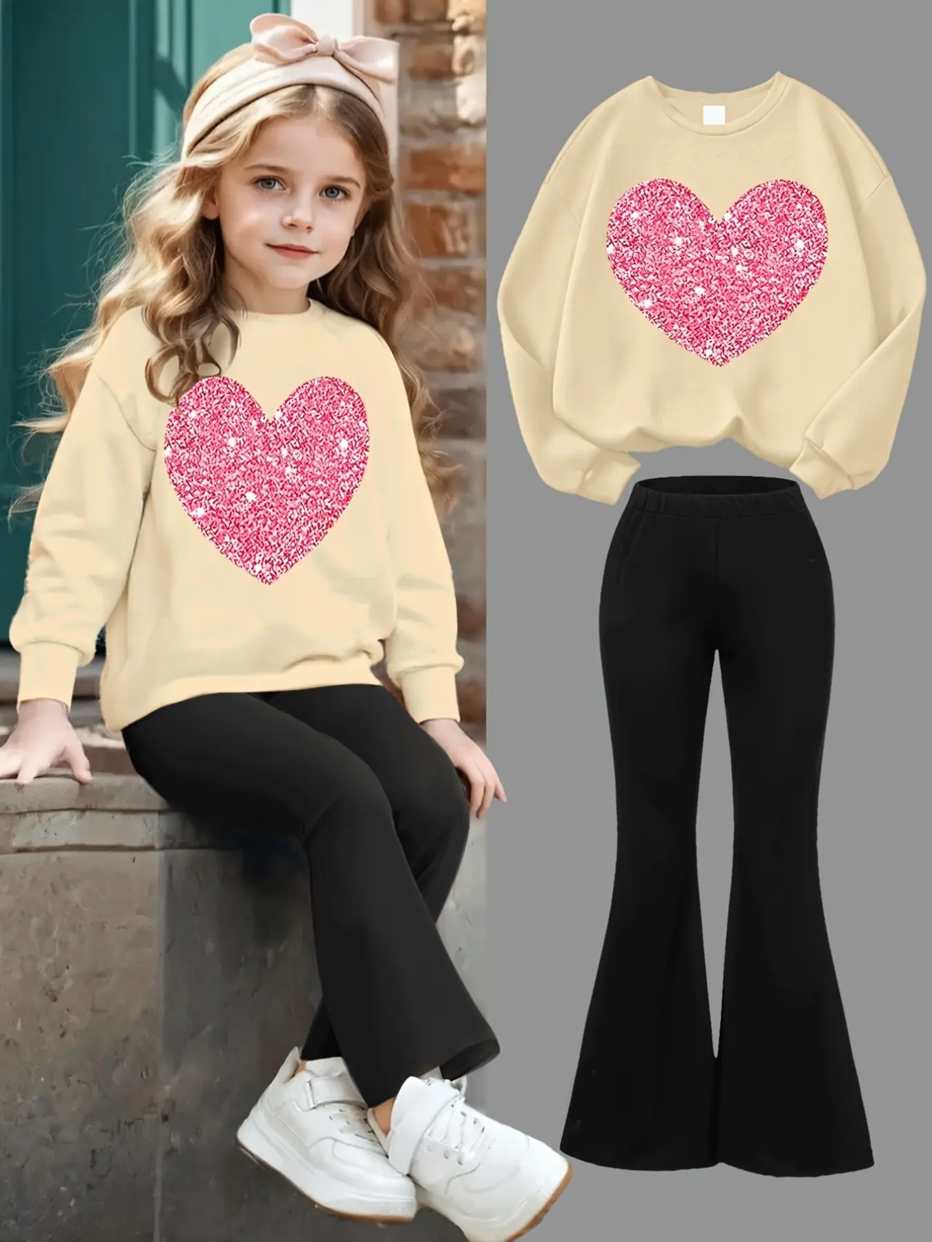 Little Girls Crewneck Sweatshirt Flare Pants Set Children Fashion 2Pcs Tracksuit