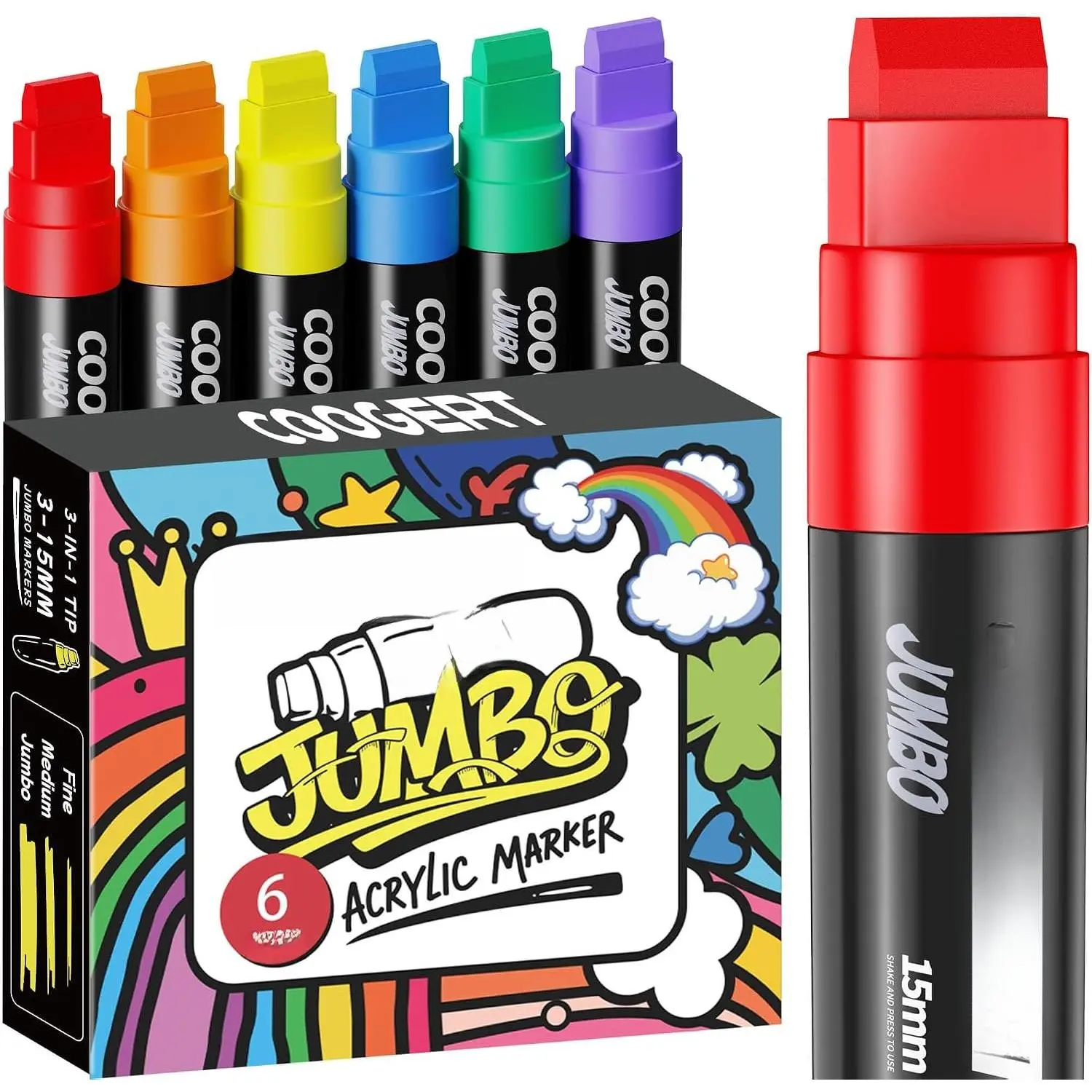 6 Rainbow Colors  Poster Markers, 15MM Thick Permanent  Graffiti Markers, Wide Tip  Marker for Canvas, Posters Board, Fabric, Window, ,Teachers,Banner painting supplies