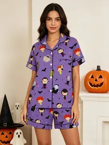 Teen Halloween Monster Print Pajama Set, Short Sleeve Top + Shorts, Soft Vampire Bat Pattern, Cute Nightwear, Summer Casual Home