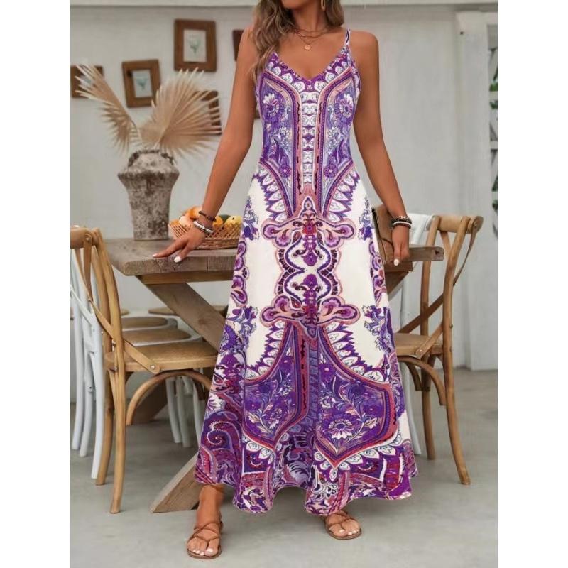 Women's Summer Vintage China Print Casual Long Dress – Loose Beach Cover-Up, Adjustable Spaghetti Strap Flowy Artistic Sundress