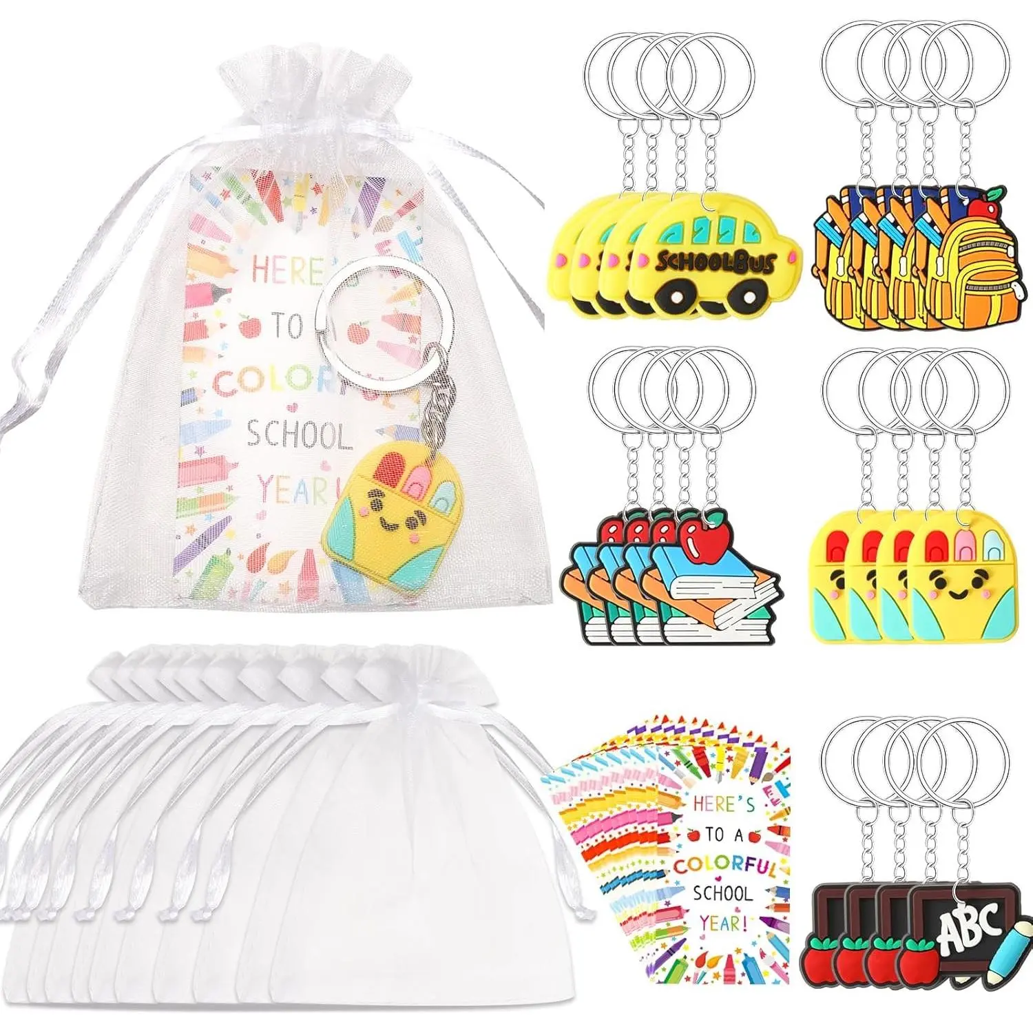 20 Set Back to School Gifts for Students First Day Keychain Bulk |   Apples Pencil Book School Bus Keychains, Beginning of the Year, First Day for Students, Classroom Gifts, Blessing Cards