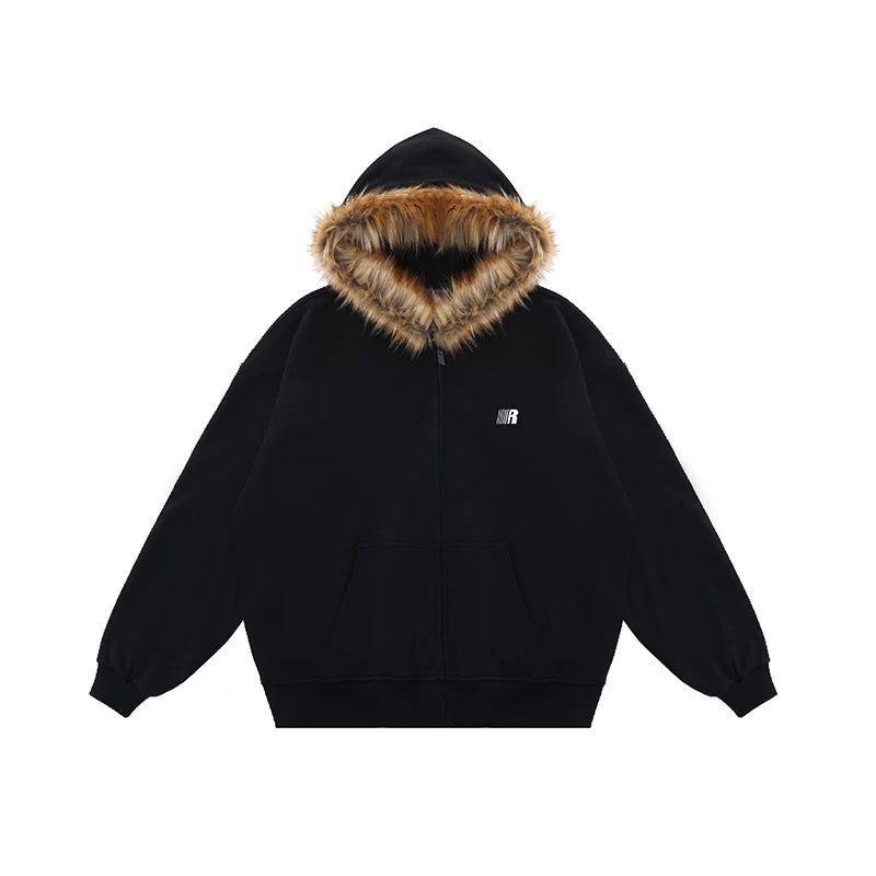 Harajuku Casual Fur Patchwork Hooded Hoodies 2025 Women Y2k Aesthetic Loose Pocket Streetwear Coats Grunge Zipper Sweatshirts