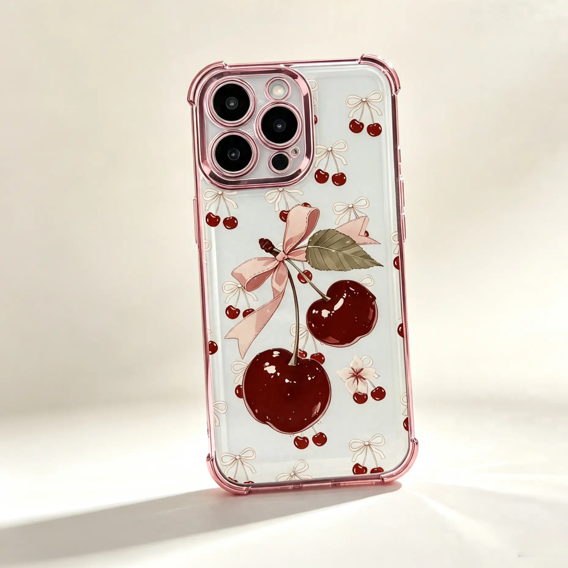 Cute cherry patterned electroplated transparent phone case with four corner airbags to prevent falls, suitable,for iPhone 17Pro Max Air 16 15Plus 14 13 12 11 XR XS Samsung Galaxy S26 Ultra S25 Ultra S24 S22 phone case, Cover Perfect Gift For Teen Girls
