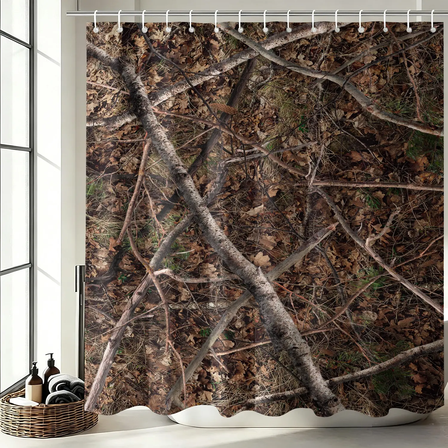 Rustic Camo Forest Shower Curtain 72"x72", Waterproof Fabric Bath Curtain with 12 Hooks, Outdoor Hunting Style Bathroom Accessories, Nature Themed Bath Decor for Cabin, Lodge & Country Home Bathroom