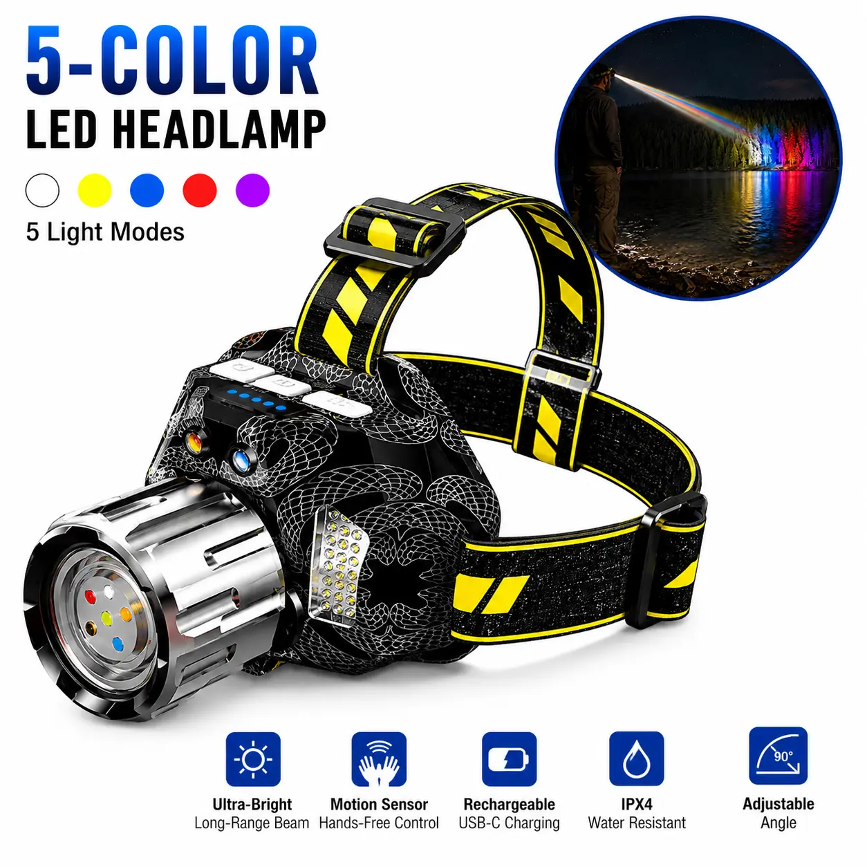 Rechargeable LED Headlamp, 5 Color Lighting Modes with Motion Sensor, Adjustable Focus Head Light for Camping, Fishing, Hiking, Outdoor Work & Home
