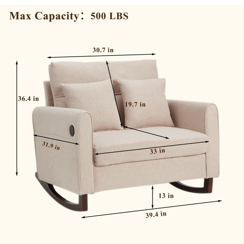 Oversized Upholstered Rocking Chair, Double Wide Rocker Armchair with High Back & Side Pocket, Rubber Wood Legs, Beige
