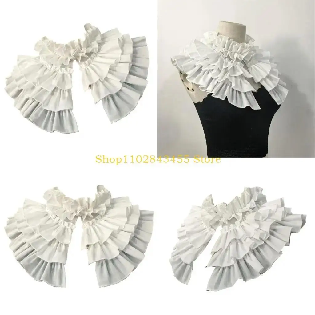 49MC White Layered Ruffled Victorian False Collar Detachable Pleated Shawl for Womens Historical Dress and Shirt Enhancements