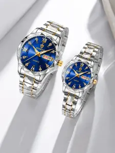 Couple Casual Water Resistant Watch, Quartz Analog Watches, Analog Wristwatches, Fashion Waterproof Round Dial Analog Stainless Steel Quartz Watch Set with Date & Week Display Function, Modern Accessories As Gift with Box