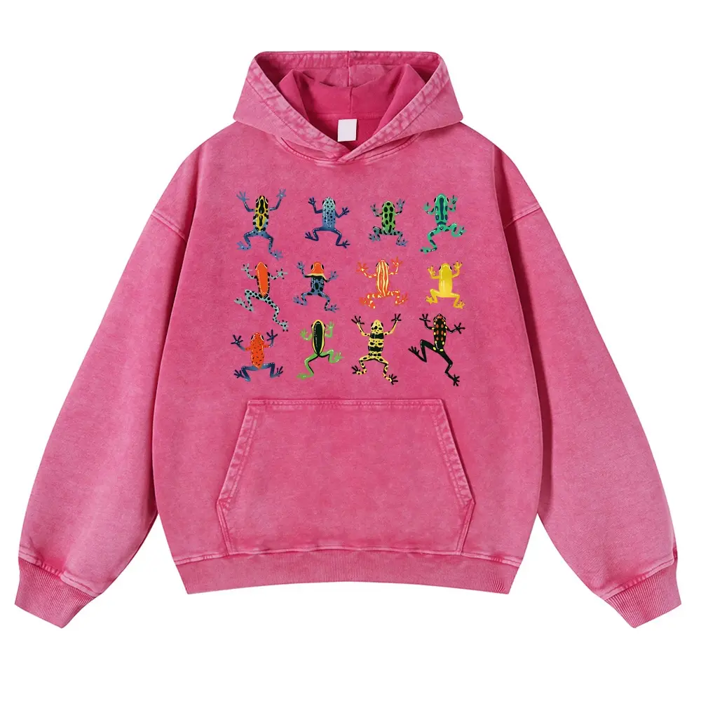Vintage Frog Graphic Pullover Hoodie, Unisex Acid Wash Thick Cotton Streetwear Top for Men & Women, Menswear, Graphic Art, Frog Print, Multi-Size, Clothes, Sweatshirts, Fabric, Fit