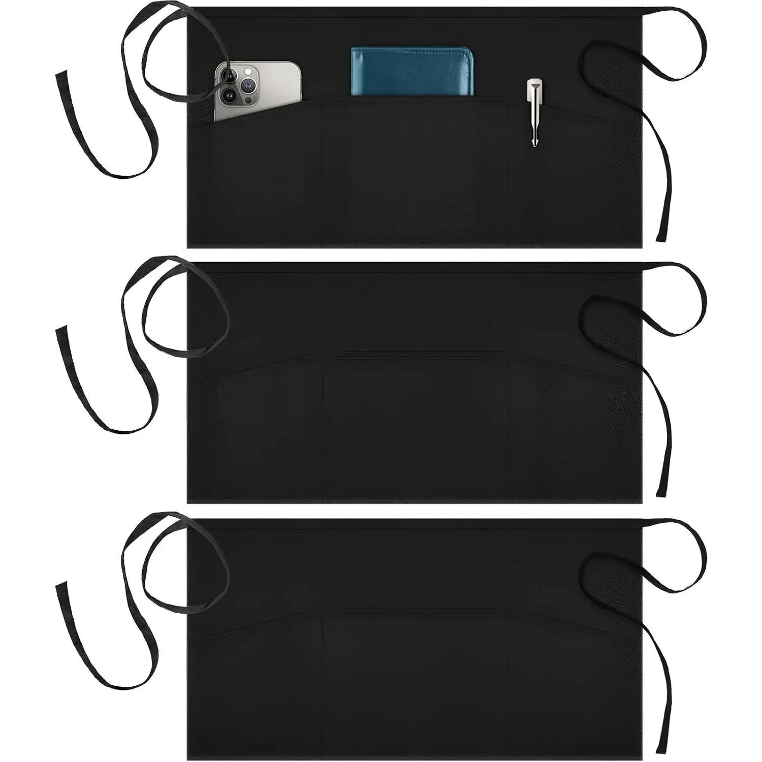 3 Pack Server Aprons with 3 Pockets, 100% Cotton Waitress Waiter Waist Apron, 11.5-inch Black
