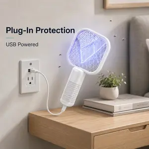 USB Mini 2-In-1 Electric Bug Zapper Racket, Portable Handheld & Plug-In Fly Swatter With Protective Mesh, USB Powered Indoor Insect Killer For Bedroom Kitchen Camping Patio, White And Black Color Options
