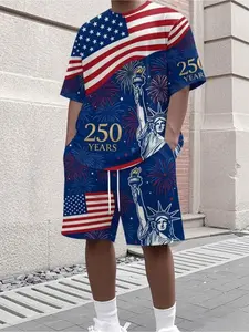 Men's USA 250 Years Firework Liberty 2 Piece Matching Set, Commemorative Patriotic 4th Of July Tracksuit, Quick Dry Vacation Outfit, Miami Beach Essential
