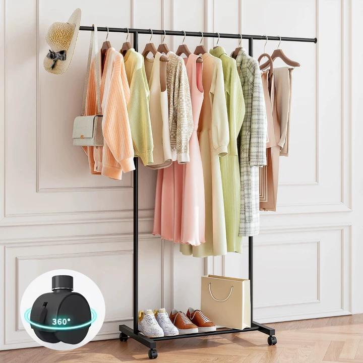 Metal Clothing Garment Rack,31.5 to 55.12 Inches Extensible Rod,  Rolling wheel Portable Drying HangingGarment Rack Suitable for Living Room, Bedroom,Balcony, Laundry