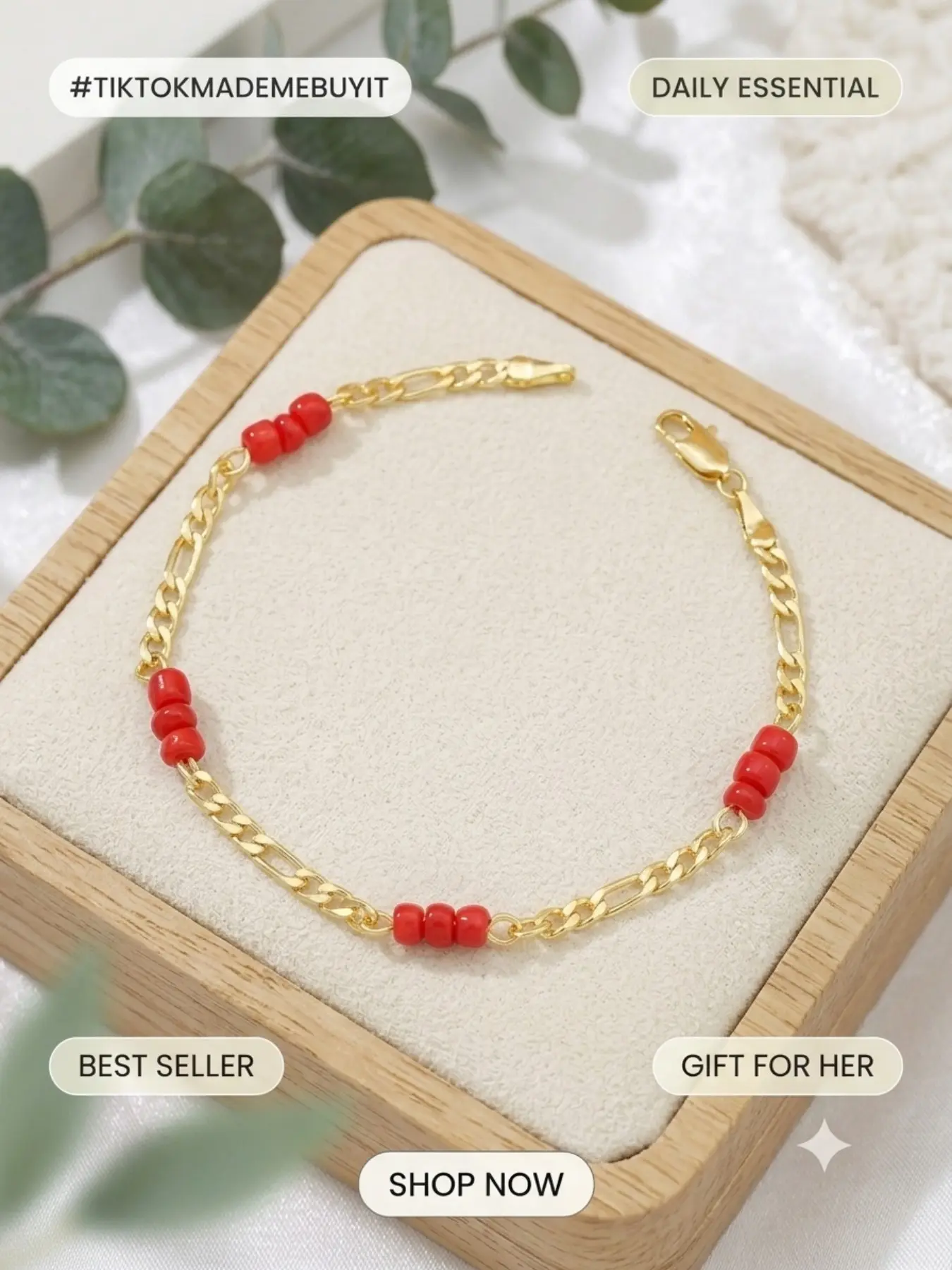 Red Agate Beaded Figaro Chain Thin Bracelet, Copper Base Gold-Tone Plated Hypoallergenic Anti-Tarnish Layered Jewelry, Birthday Holiday Gift For Women Daily Wear, Stacked Design Bracelets