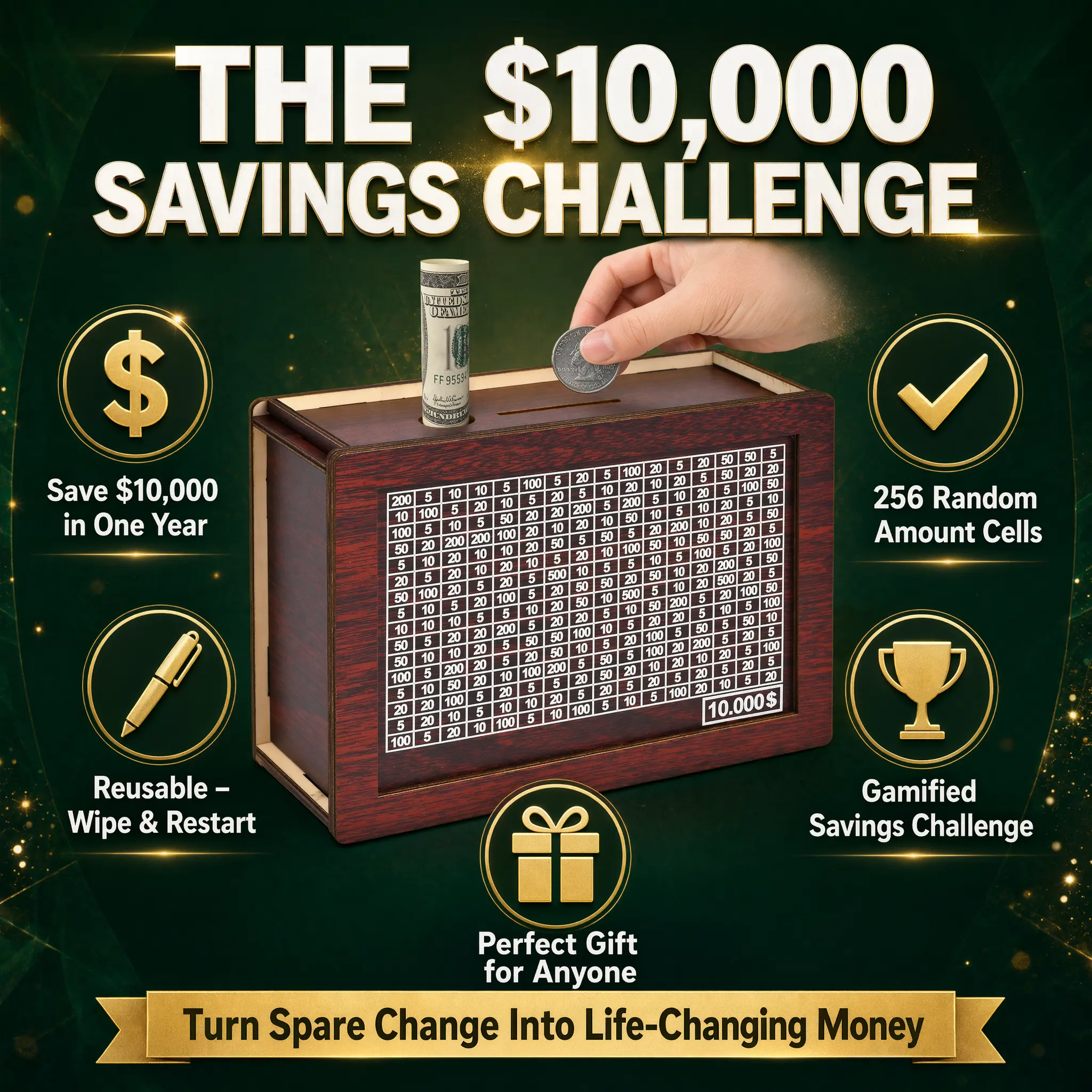 Countdown Money Saving Box with $10,000 Dollar Target - Wooden Money Bank Storage Jar with Numbers to Check Off, Savings Goal Money Storage Jar for Boys & Girls ($10,000 USD)