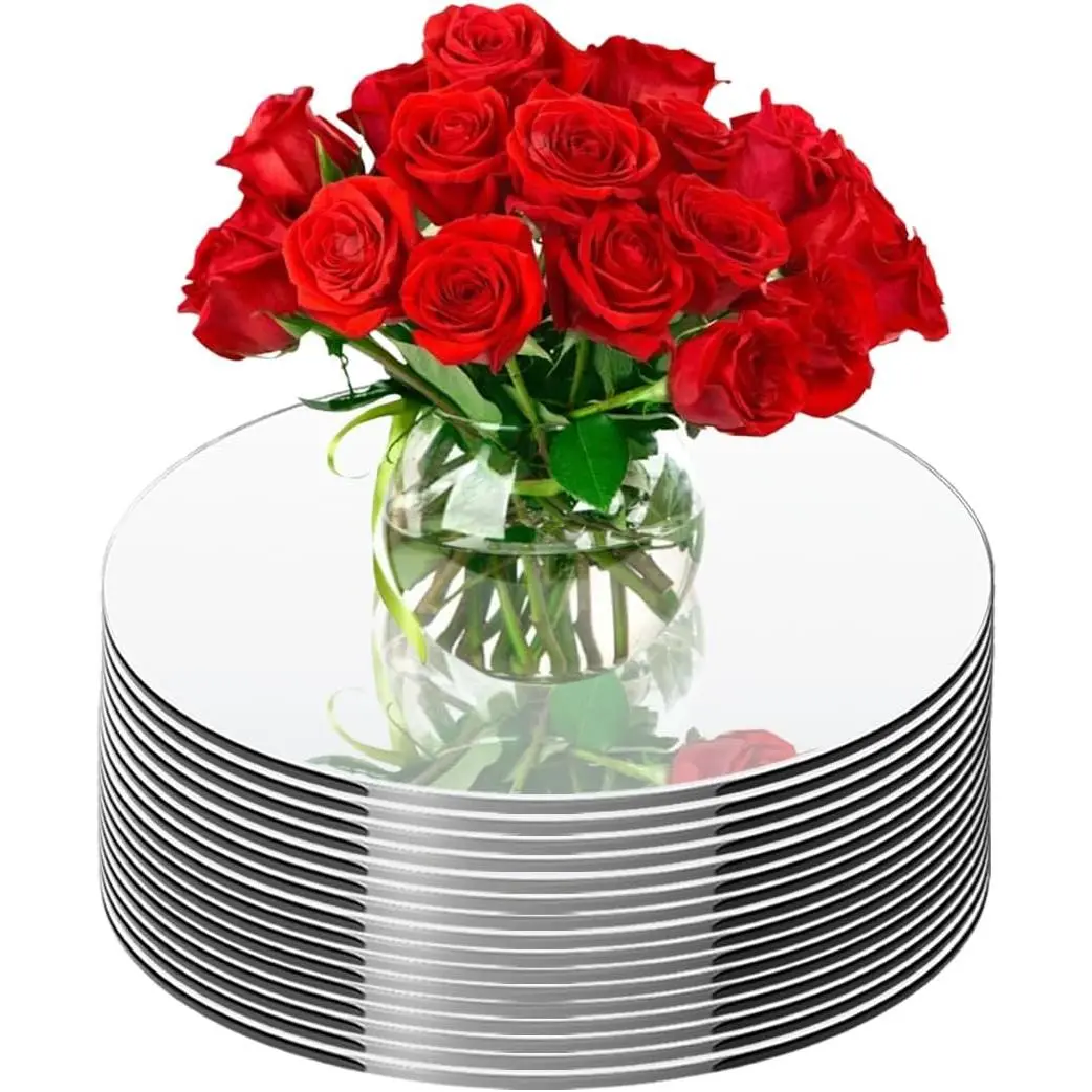 15 Pack Round Mirror Centerpieces for Tables 2MM Thickness 6"  Circle Mirror Tray Candle Plate Mirrors for Wedding Christmas Valentine PartyTable Centerpieces Decorations