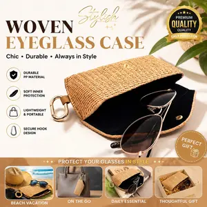 Fashionable Straw Woven Eyewear Case with Strap, Durable PP Material, Portable Sunglasses Pouch, Soft Scratch-Resistant Women's Accessory Box