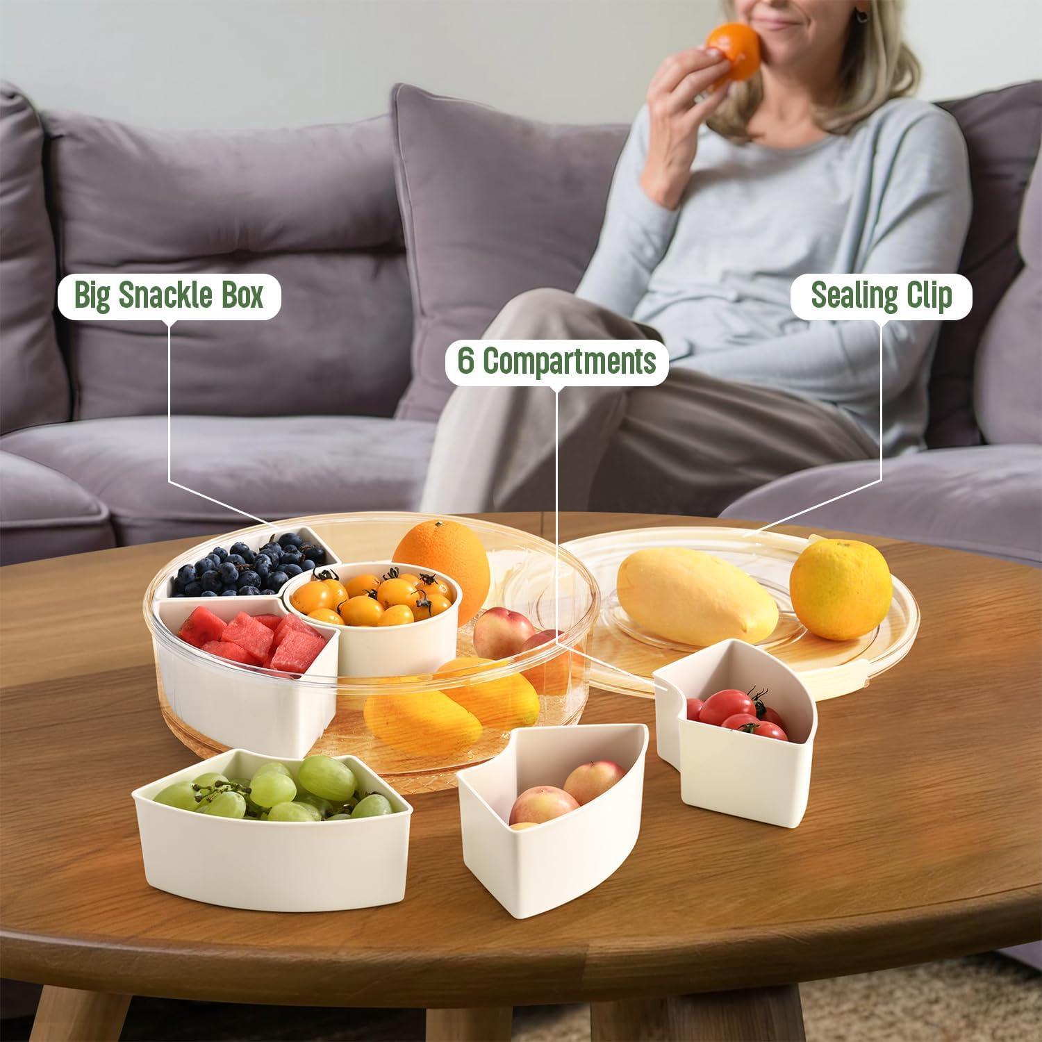 Rotating Food Storage Container, 1 Count 6-grid Detachable Snack Storage Box, Fruit & Vegetable Storage Box with Lid, Reusable Snack Containers, Kitchen Utensils & Gadgets