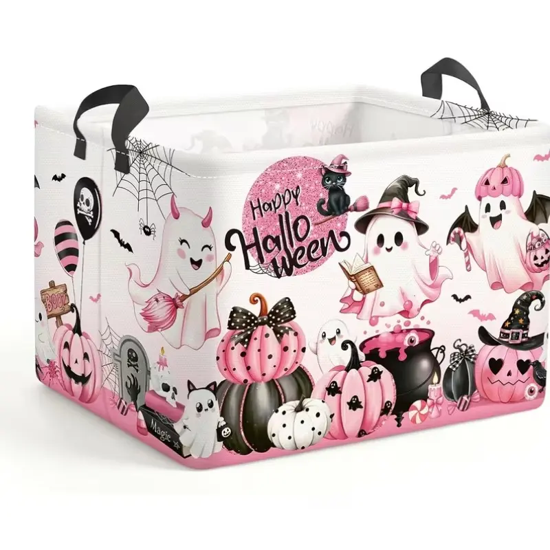 1pc Foldable Horror-Themed Storage Basket with Bat And Pumpkin Patterns - Pink "Shh" Word Basket, Suitable for ' And ' Rooms, Laundry Rooms, Modern Clothing Storage Baskets, Gift Storage, And Shelf Baskets