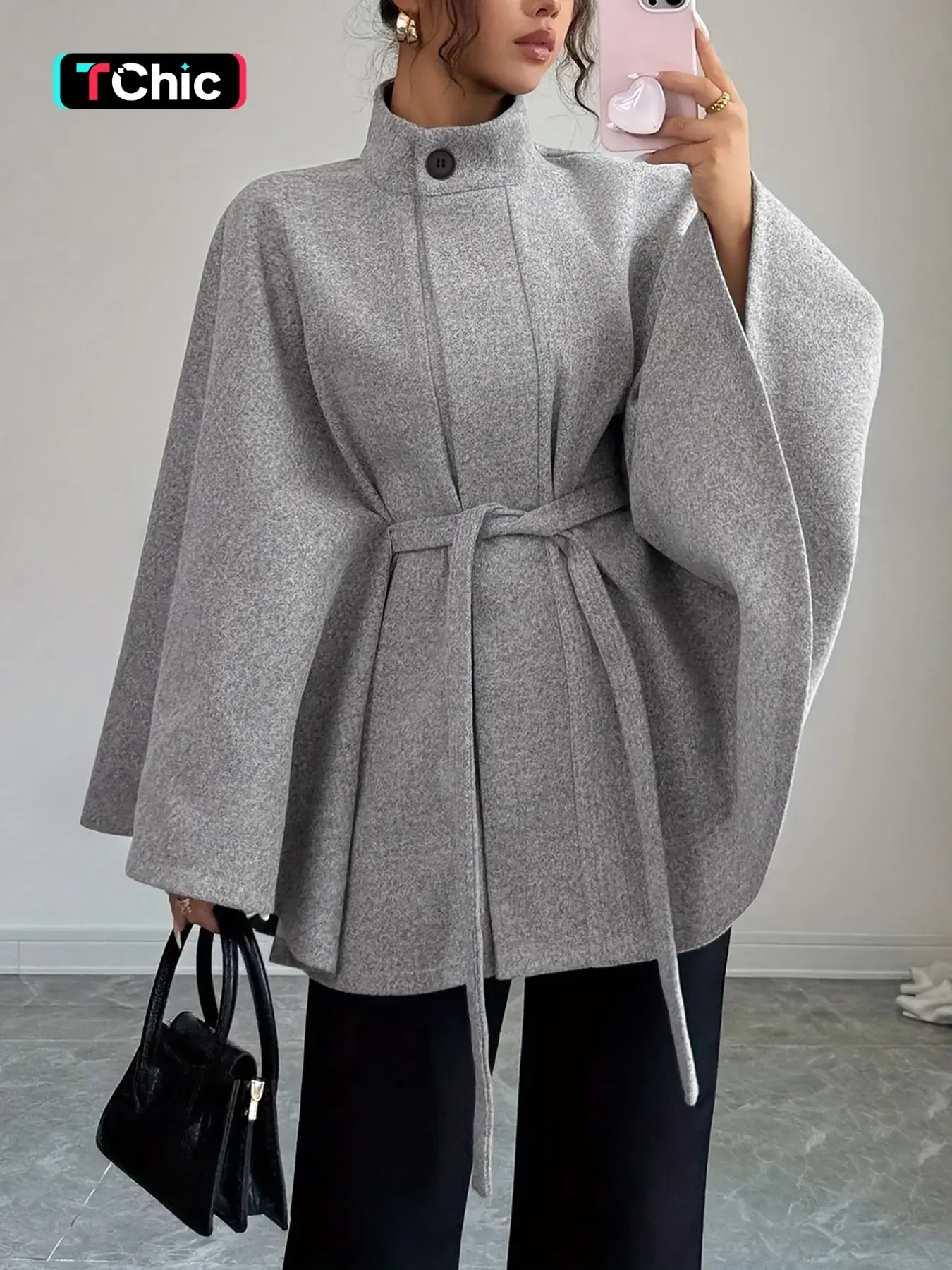 Women's Elegant Chic Stand Collar Tie Waist Wide Sleeve Cape Coat, Fall Winter Outerwear, Party Street Wear, Essential for Outing
