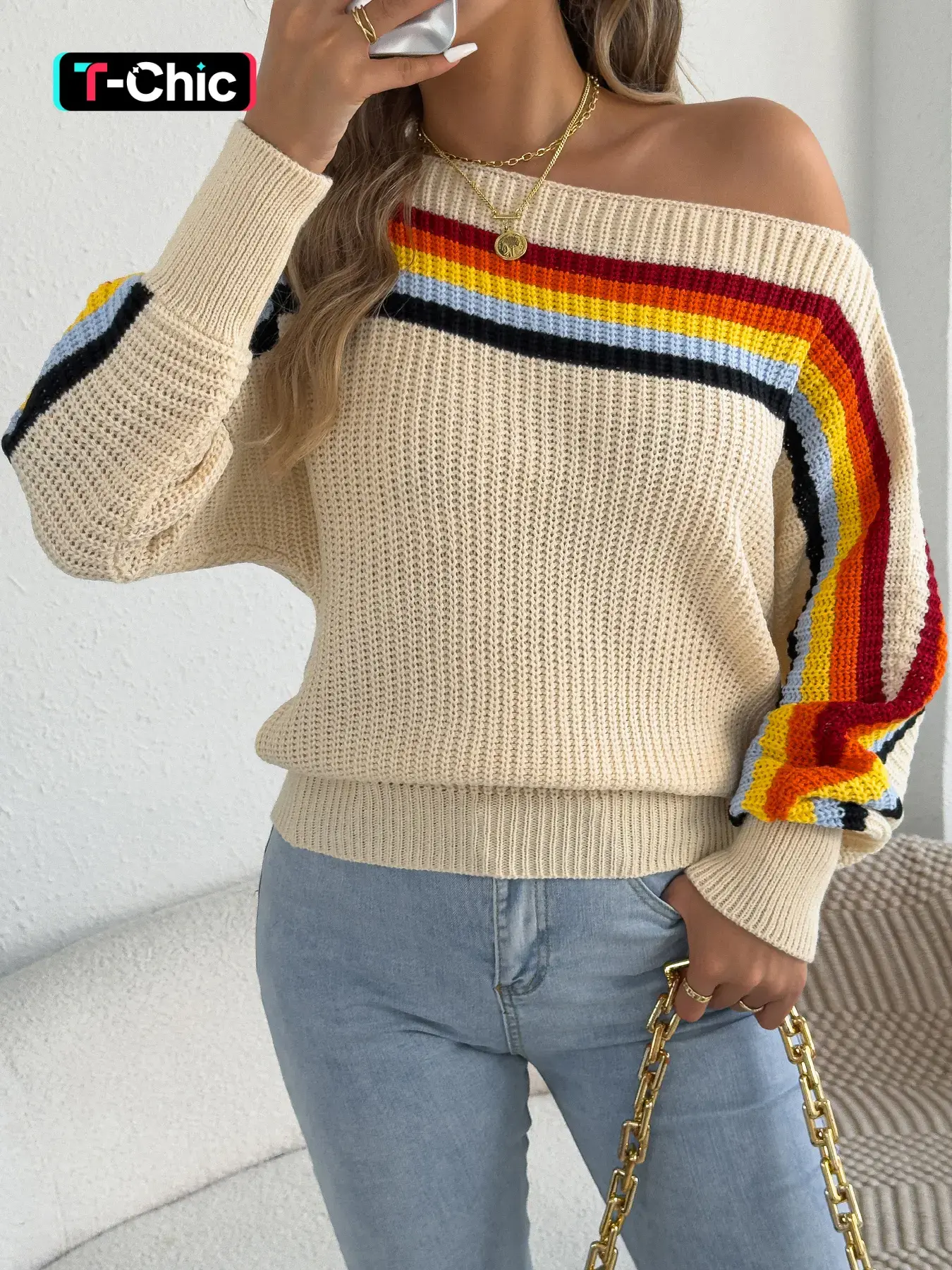 Women's Rainbow Striped Asymmetrical Neck Long Sleeve Sweater, Casual Fall Winter Knit Pullover, Ladies Fashion Top Knitwear