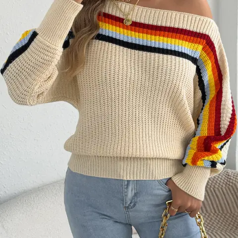 Women's Rainbow Striped Asymmetrical Neck Long Sleeve Sweater, Casual Fall Winter Knit Comfy Pullover, Ladies Fashion Top