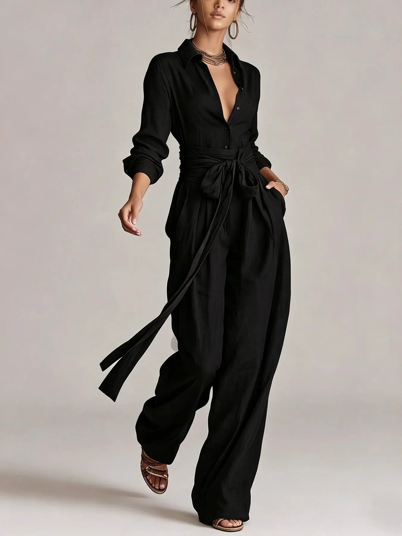 Women's Solid Deep V Neck Long Sleeve High Waist Wide Leg Romper, Spring Fall Fashion Casual Button Front, Perfect for Daily Commute, Parties, Holidays