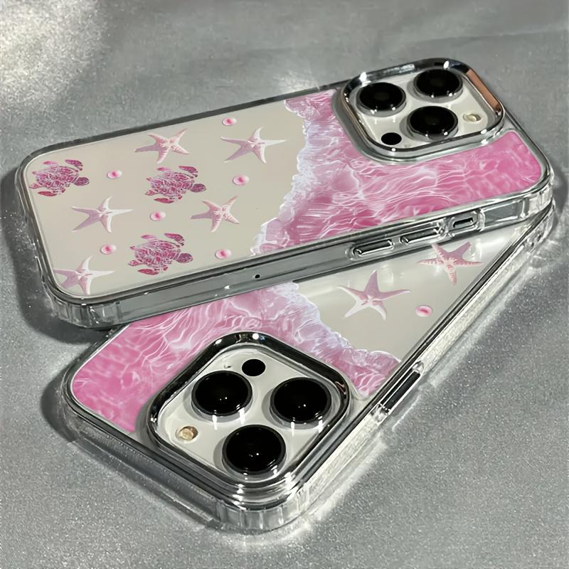 Phone case suitable for iPhone 17, 16 Pro Max, 15 Plus, 14, 13, 12 series. - Luxurious pink beach-themed phone case with transparent electroplated lens design