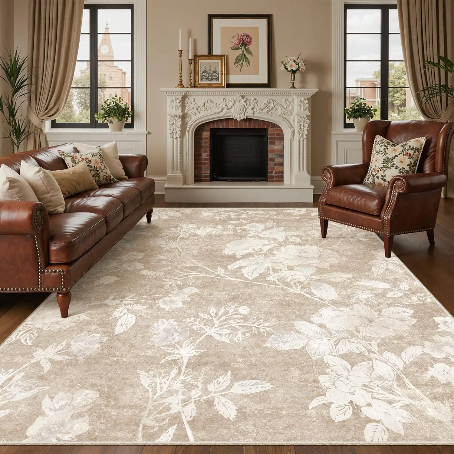 ComiComi Tan Beige Vintage Floral Area Rug, Soft Low Pile Machine Washable Rug, Non-Slip TPR Backing, Water&Stain Resistant Rugs for Living Room, Bedroom, Apartment, Home Office,SummerSale(Various Size,5x7/6x9/8x10)