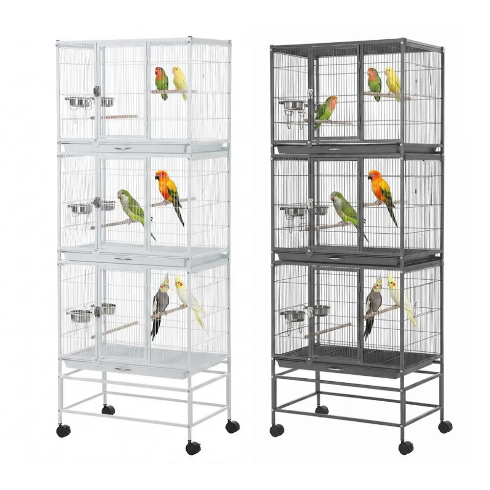 74-Inch Horizontal Carbon Steel Large Bird Cage - Heavy-Duty Breeder Aviary with 3 Dividable Multi-Zone Compartments, Slide-Out Trays & Stability for Parakeets, Cockatiels, Black
