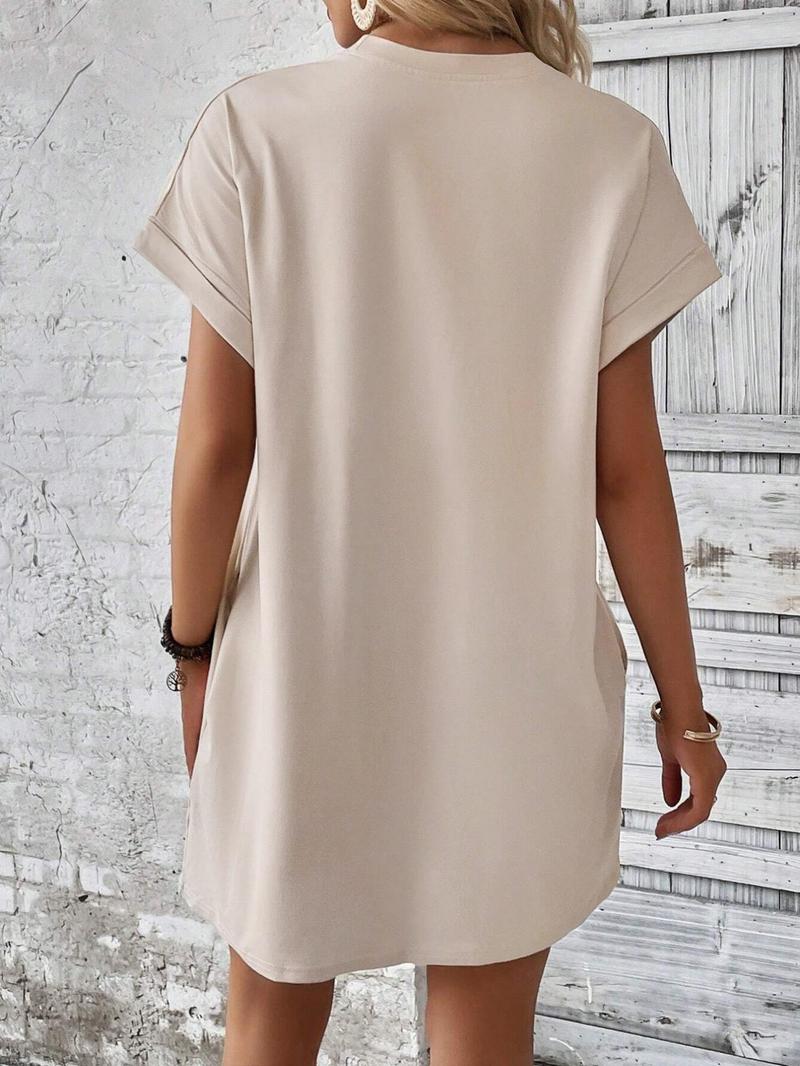 Women's Plain Pocket Batwing Sleeve Dress, Casual Minimalist Round Neck Roll Up Sleeve Dress for Summer, Casual Elegance Chic Fashion Women's Dress