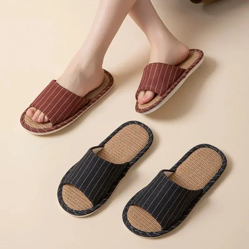 Men's Striped Casual Slip-On Slide Cotton-Linen Indoor Slippers - EVA Anti-Slip, Breathable, Silent, Polyester, Size 36-45 Couple Home Shoes for Spring, Indoors, Polyester Blend, Flat Sole, Stripped Look
