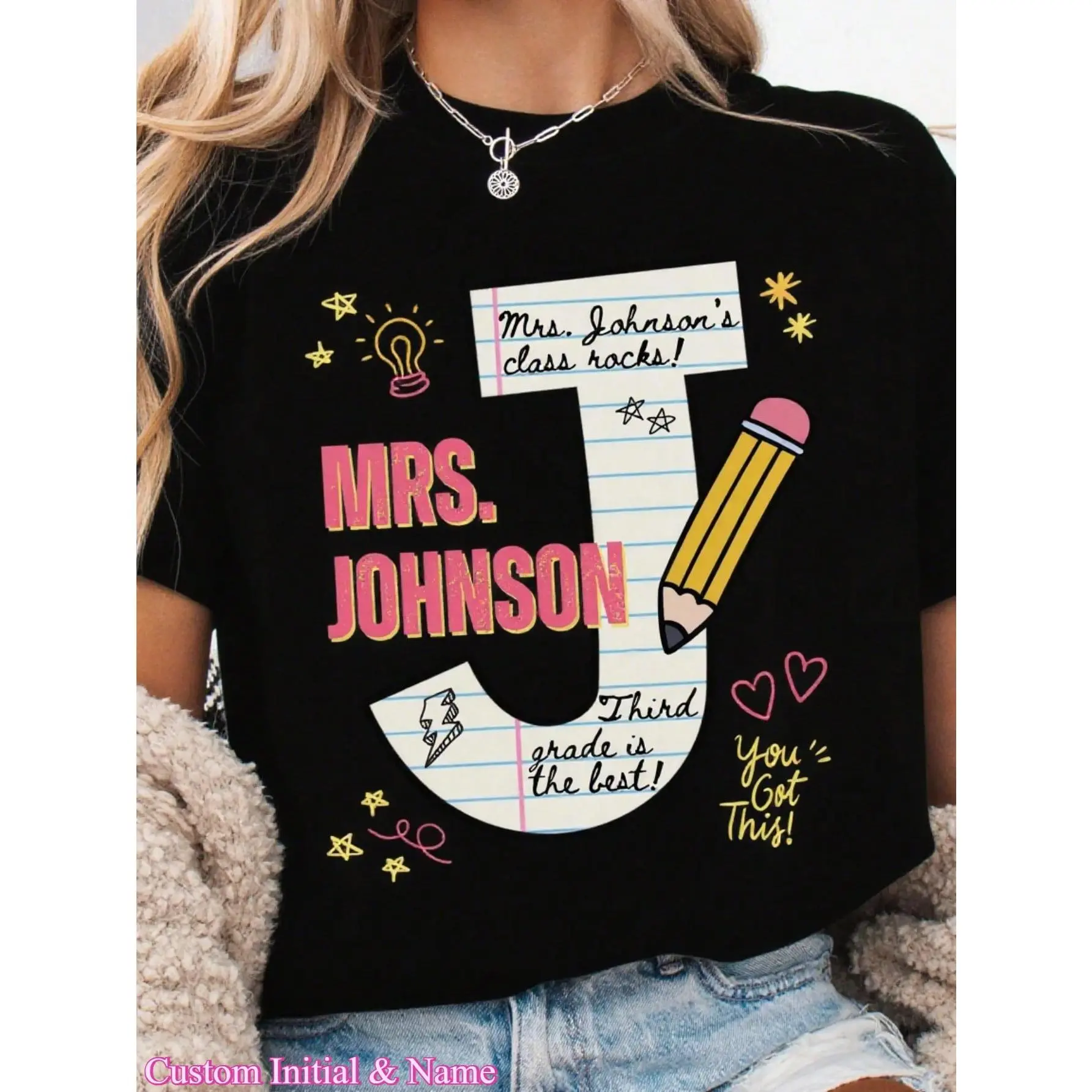 1pc Custom Teacher Shirt, Personalized Teacher Name Shirt, Third Grade Tshirt, Back To School T-Shirt, Teacher Appreciation Gift, 100% Cotton, S-2XL girlfriend summer athletic style t-shirt independence day casual sport vacation fashion graphic tee print