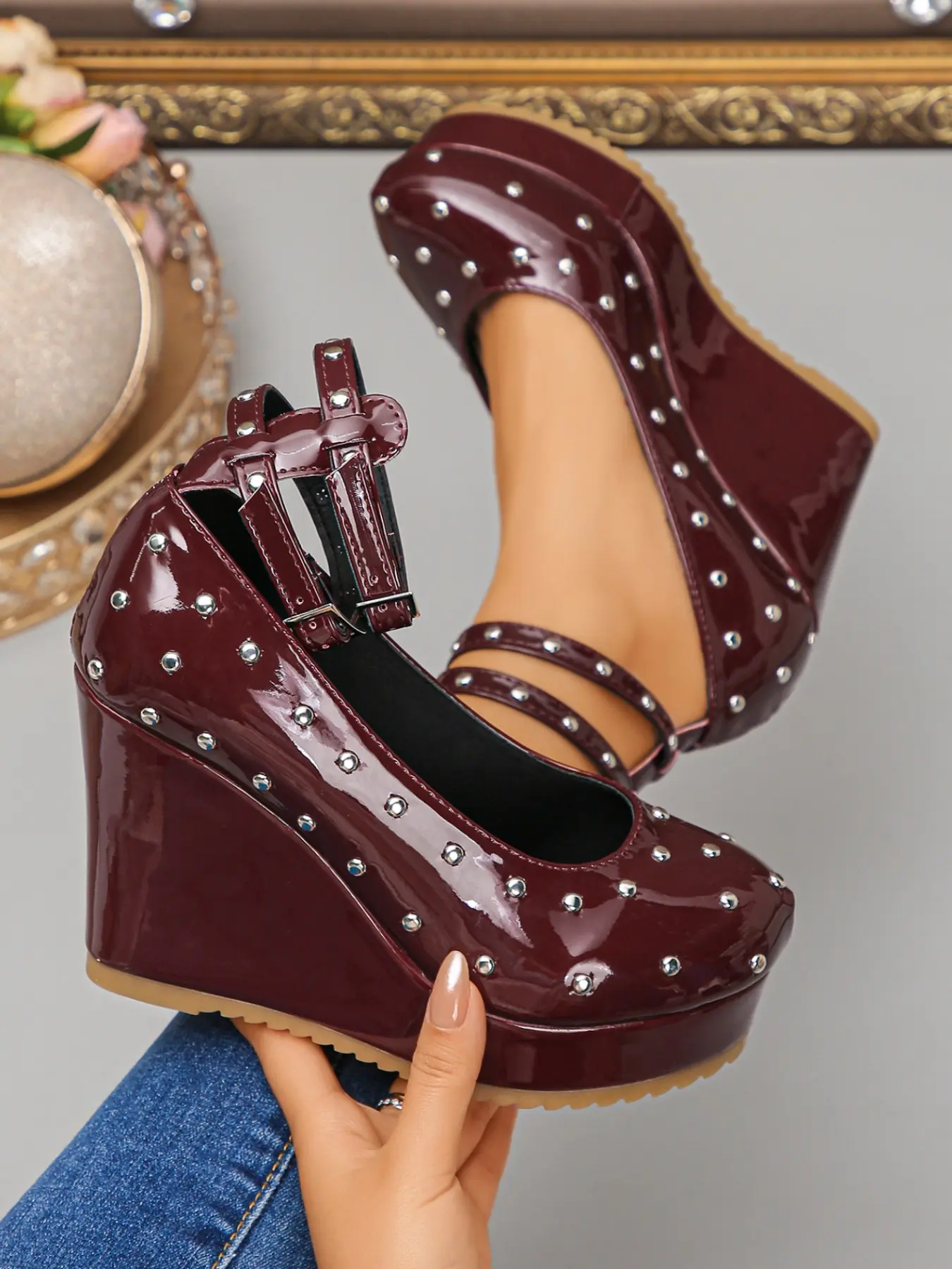Women Punk Style Round Toe Heeled Pumps, PU Leather, Rubber Sole, Anti-Slip, Height-Boosting, Spring & Fall Fashion Shoes