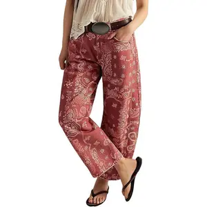 Women Boyfriend Baggy Barrel Jeans Floral Print Denim Ankle Pants Wide Leg Mid Rise Jeans Sweatpants Y2k Patchworkchristmas home decor(Sheets)