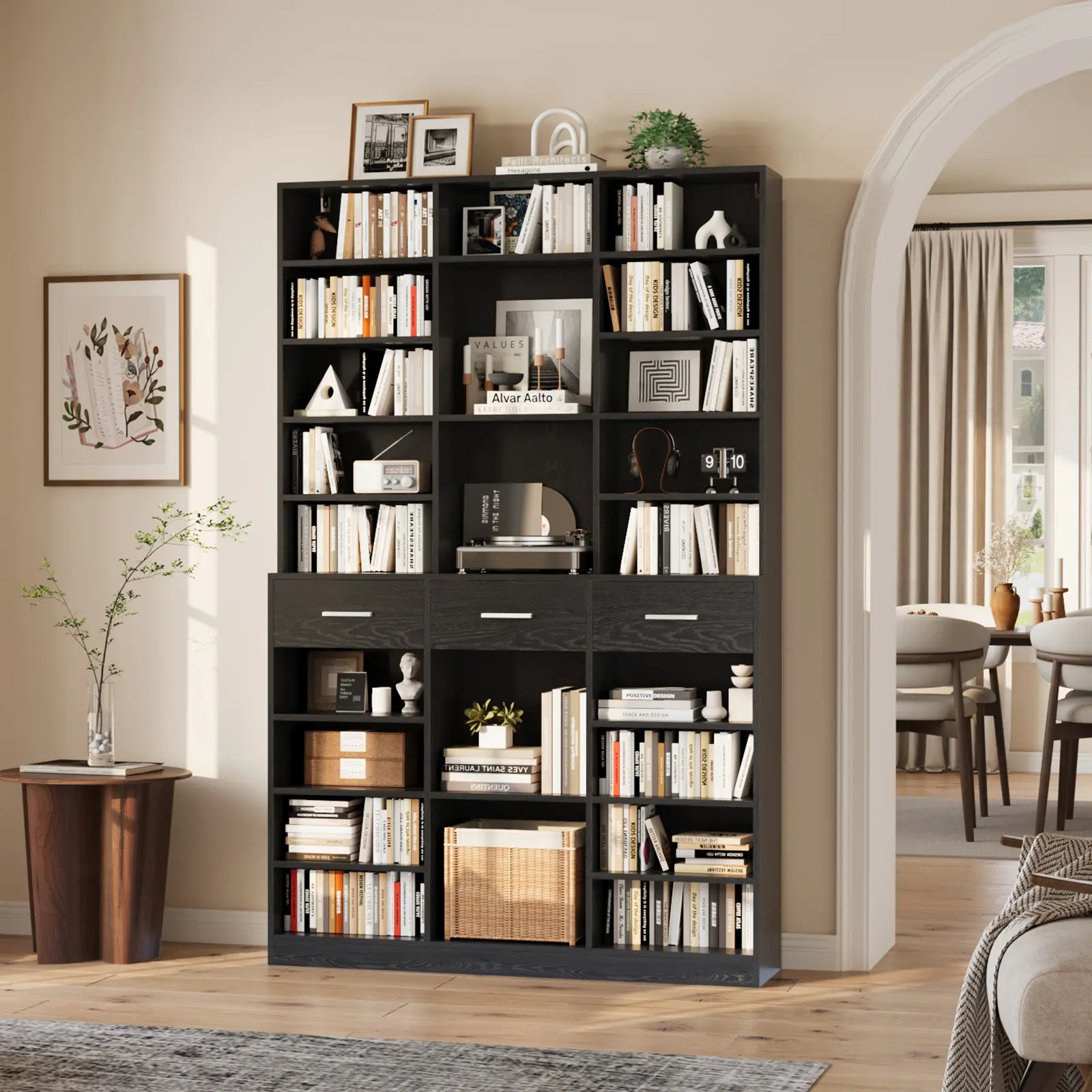 74.8" Tall Farmhouse Wooden Bookcase – 46.3" Wide Bookshelf with Drawers, Adjustable Shelves, Large Storage Display Cabinet – Modern, Spacious for Living Room or Office