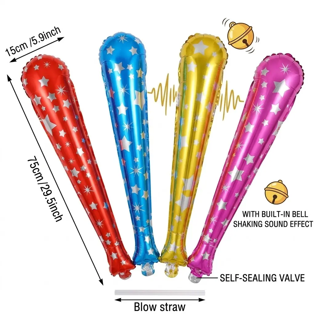 4-Pack Automatic Sealed Bell Aluminum Foil Baseball Bat Balloons, Birthday Party Atmosphere Bell Toy, Fun Party Accessories