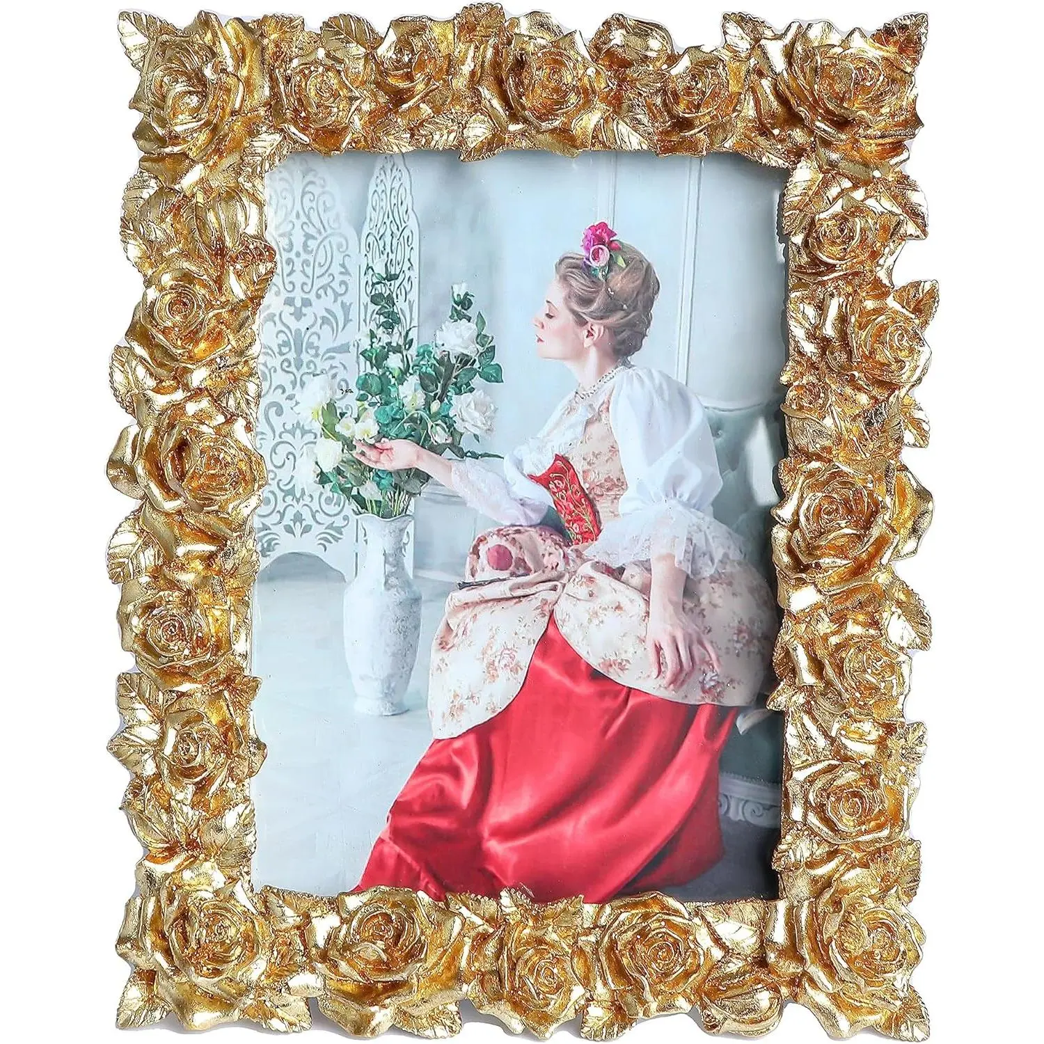 3.5x5 Photo Frame - Retro Floral Rose & Leaf Design with Glass Front, Antique Home Decor for Tabletop or Wall