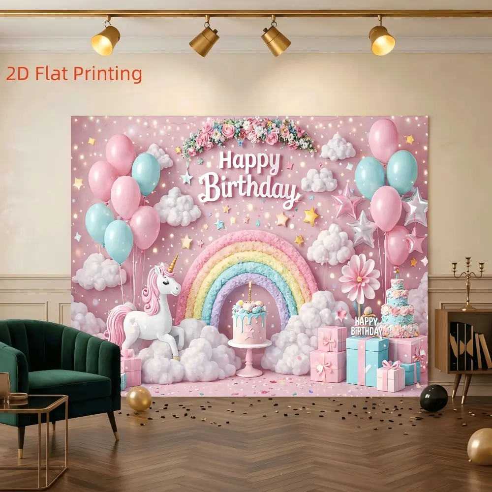 1PC 2D Flat Pink Blue Unicorn Rainbow Clouds Birthday Party Backdrop Polyester Fiber Suitable for Living Room Bedroom Office Birthday Anniversary Home Decor Indoor and Outdoor Party Photography