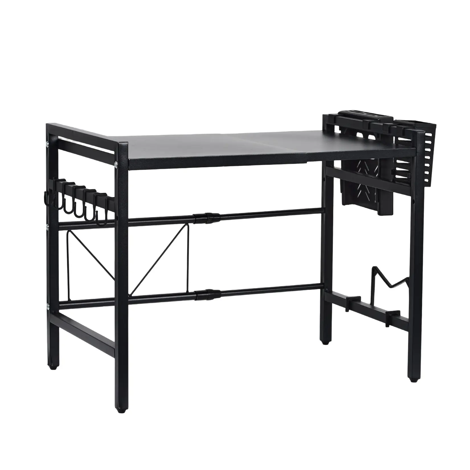 Adjustable Expandable Black Metal Microwave Stand, Single Tier Storage Shelf with Hooks, Heavy Duty Kitchen Counter Organiser Rack